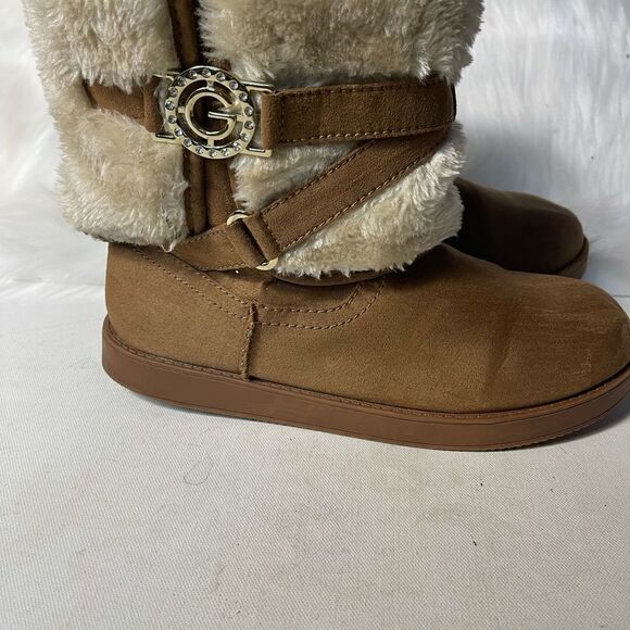 G by Gess tan suede faux fur ankle boots with side buckle slip on. - Picture 6 of 9